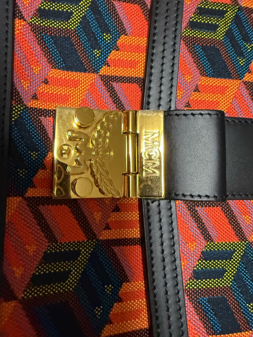 MCM  woman’s  Multi-Color Geometric Visetos Crossbody with Gold Hardware